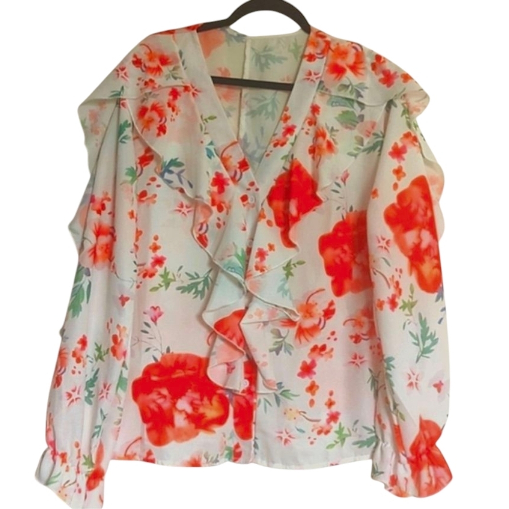 Floral Ruffle Women's Top - Orange and White XL - Picture 2 of 11